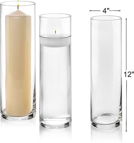 Set of 3 Glass Cylinder Vases 12 Inch Tall