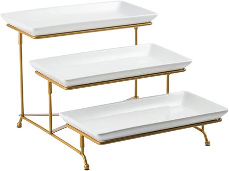 LAUCHUH 3 Tier Serving Stand with Porcelain Serving Platter Trays Gold 12 Inch