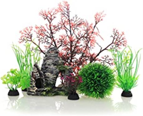 JIH Aquarium Fish Tank Plastic Plants and Cave Rock Decorations Decor Set 7 PCS