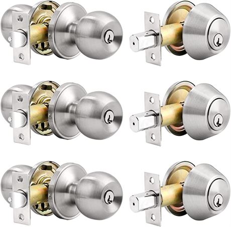 3 Pack-Entry Door Knob and Deadbolt Lock Set