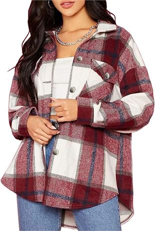 Locachy Women's Casual Plaid Button Down Wool - Burgandy - Medium