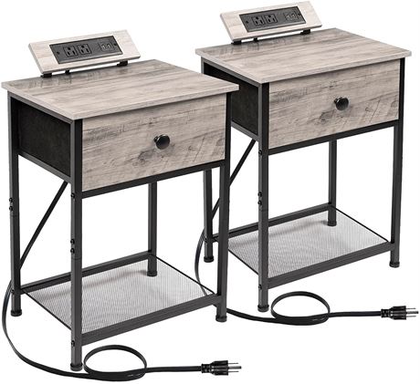 AMHANCIBLE Nightstands Set of 2 Small End Tables with Charging Station (Grey)