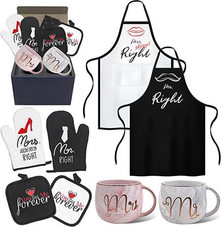 Rnairni Mr. & Mrs. Wedding Gift Set with Aprons, Gloves, Mats, Mug & Card