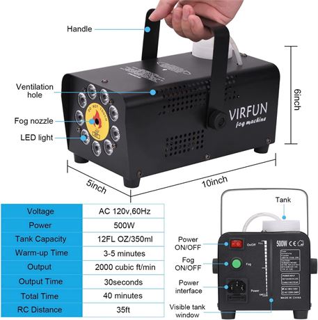 VIRFUN Fog Machine Automatic Smoke Machine w/Remote Control