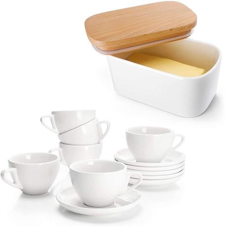 Sweese 6 Ounce Cappuccino Cups w/Saucers Set of 6 & Airtight Butter Dish