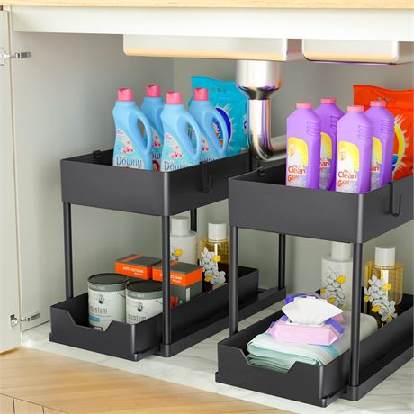 2 Pack Under Sink Organizer with Sliding Basket Black