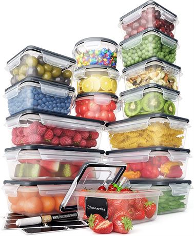 Food Storage Containers Set w/Easy Snap Lids (16 Lids + 16 Containers)