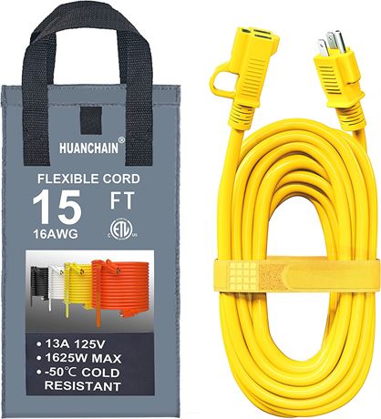 Extension Cord 15 ft Waterproof, 16/3 Gauge, 3 Prong Cord