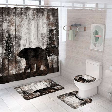 AtGoWac Rustic Bear Shower Curtain Sets with Rugs