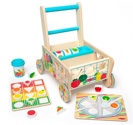 Melissa & Doug Wooden Shape Sorting Grocery Cart Push Toy and Puzzles