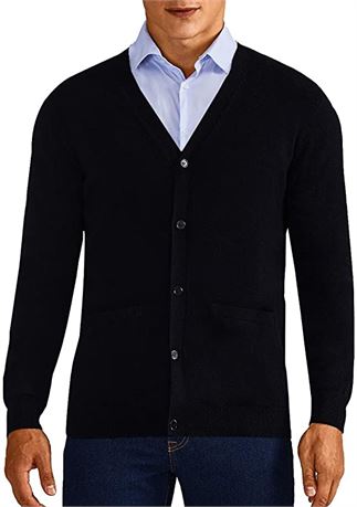 QUALFORT Mens Cardigan Sweater 100% Cotton - Black - XXL