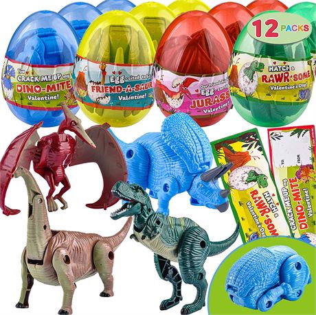 12 Pack Valentines Day Card w/Transforming Dinosaur Toys in Egg