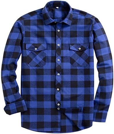 Mens Button Down Flannel Plaid Long Sleeve Shirt - Blue - XXL