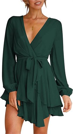 Albe Rita Women's Dress Deep V-Neck Long Sleeve Waist Tie Dress (Green - Large)