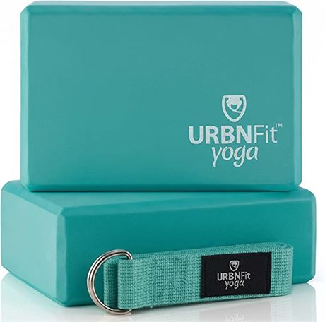 URBNFit Yoga Blocks 2 Pack - Sturdy Foam Yoga Block Set with Strap for Exercis