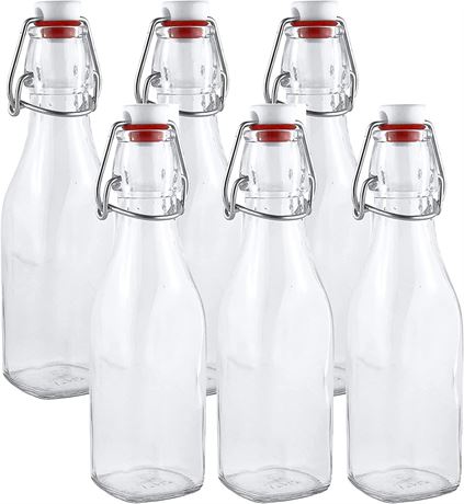 Estilo Swing Top Easy Cap Clear Glass Bottles, Round, 8.5 oz, Set of 6.