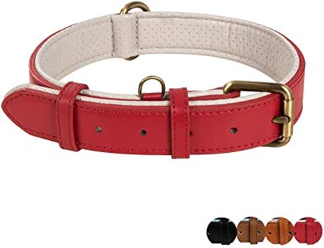 Poohoo Genuine Leather Dog Collar Soft & Breathable Padded (Medium, Red)