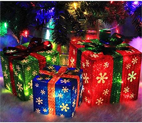 3 Lighted Gift Boxes Christmas Decorations, Red Green and Blue Present Boxe