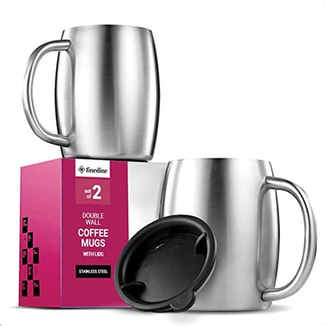 Finedine Insulated Stainless Steel Coffee Mug with Lid and Handle (2 Pk) 14 oz