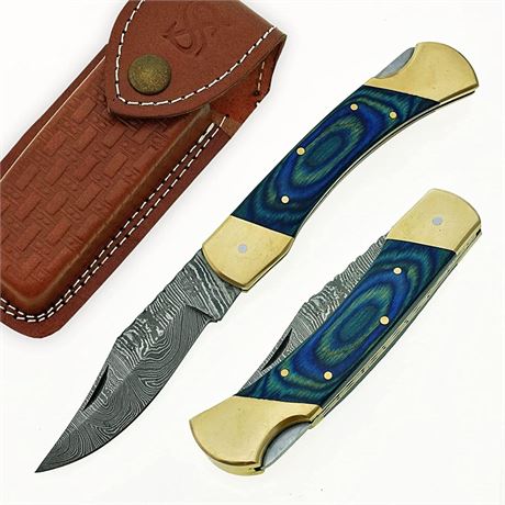 SS SMART & SHARP SPORTS INC Handmade Damascus Steel Pocket Knife (Blue)