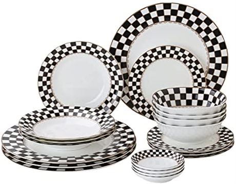 Porlien Checker Pattern 20-piece Round Dinnerware Set for 4, Bone China