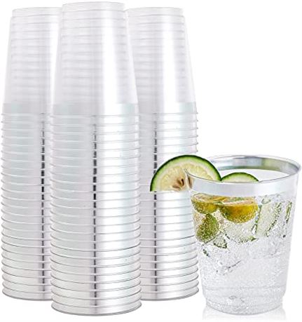 FOCUSLINE 100 Pack Silver Rimmed Plastic Cups 10oz Clear Plastic Cups Tumblers