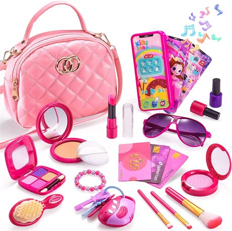 Girl Purse with Play Makeup Kit,Handbags with Pink Cosmetics Accessories