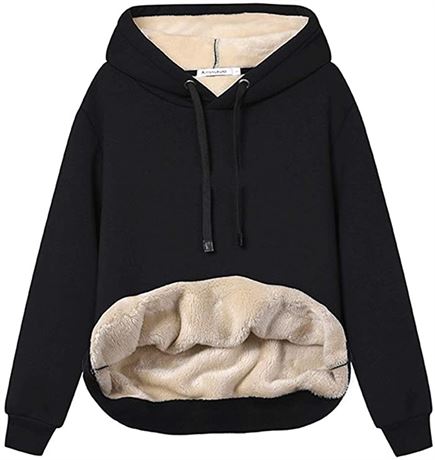 Womens Casual Sherpa Lined Pullover Hooded Sweatshirt - Black - Small