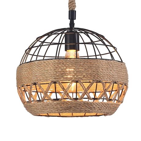 12" Industrial Hemp Rope Iron Wire Round Hanging Pendant Ceiling Light 1-Bulb