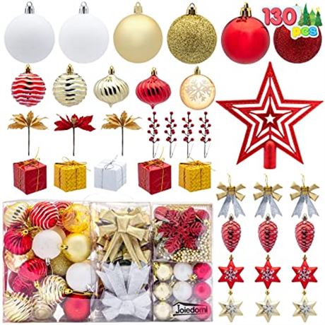 130 Pcs Assorted Christmas Set with Bow and Ball Ornaments, Shatterproof