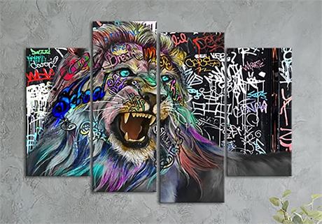 4 Panel Graffiti Lion Canvas Art Pictures Wall Decor