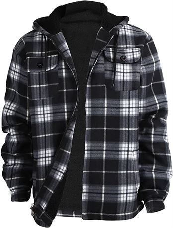 Heavy Thick Flannel Plaid Jacket Sherpa Fleece Lined - Medium - Grey