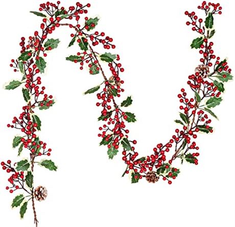 DearHouse 7FT Red Berry Christmas Garland with Pine Cone Garland