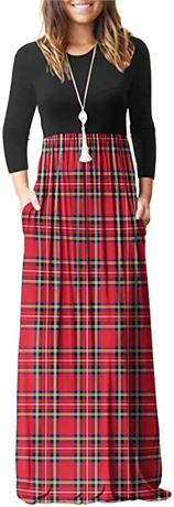 Women's Long Sleeve Loose Plain Maxi Dresses Casual XL, Black/Plaid