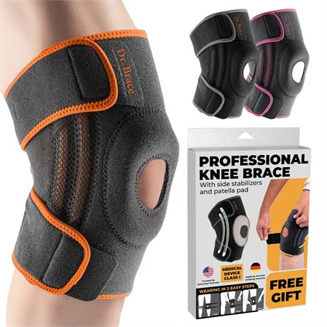 DR. BRACE ELITE Knee Brace with Side Stabilizers & Patella Gel - Orange, Small