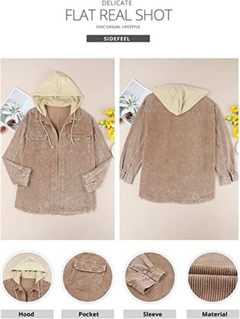 Women Corduroy Hooded Colorblock Jacket Raw Hem Coat Outwear - (Brown XL)