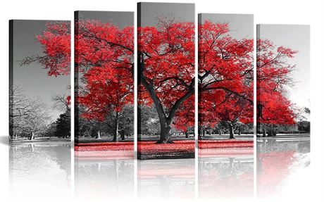 Kalormore Large 5 Pieces Black White and Red Autumn Tree Picture Canvas Prints