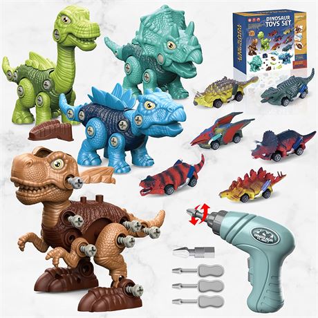 WESPREX 4 Take Apart Dinosaur Toys and 6 Pull Back Dinosaur Cars