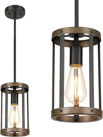 Farmhouse Pendant Light, Fixtures w/Matte Black & Wooden Grain Finish