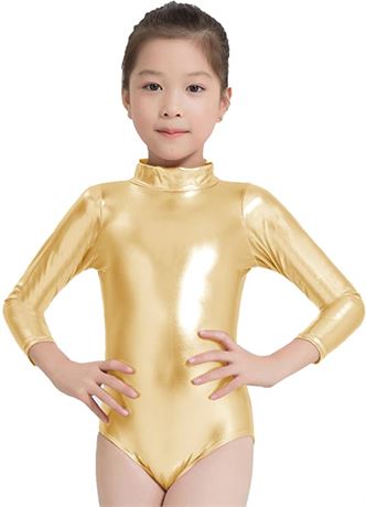 Speerise Girls Metallic Turtleneck Long Sleeve Leotard, Metallic Gold, Large