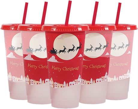 Christmas Color Changing Cups With Lids and Straws,5 pack 24oz