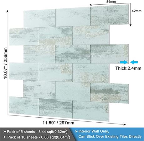 BeNice Stick on Subway Tiles Peel & Stick Backsplash (5sheets,Califonia Blue)