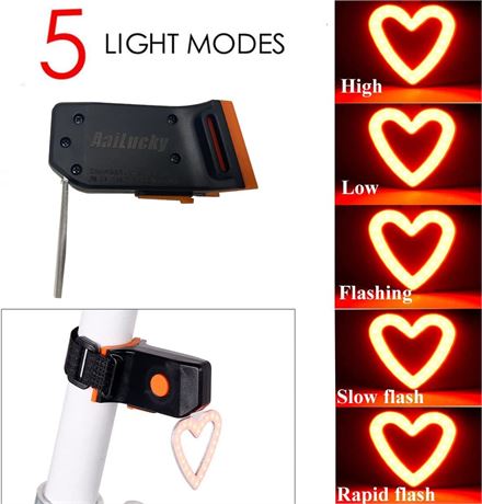 AaiLucky Bike Tail Light, Rechargeable LED Night Riding Heart-Shape 5 modes