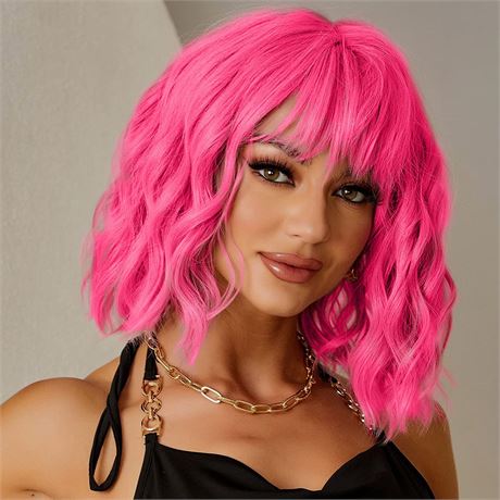 Short Pink Wigs for Women Wavy Hot Pink