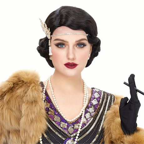 Long 1920s Wig Finger Wave Wig Curly ShortVintage Wigs W/ Wig Cap (Black)