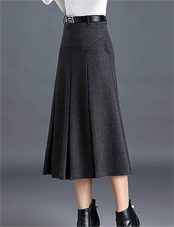 Tanming Womens Winter High Waist A-Line Pleated Wool Skirt -Large-Dark Grey