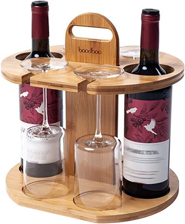 Boodboo Wooden Wine Storage Set, Holds 2 Bottles and 4 Glasses