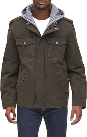 Levi's Men's Washed Cotton Hooded Military Jacket - XL - Brown