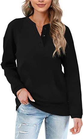 Ofeefan Womens Casual Sweatshirts, Button Up Long Sleeve, Large, Black