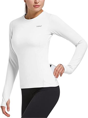 Baleaf Women's Thermal Fleece Tops with Thumb Holes & Zipper Pocket, White